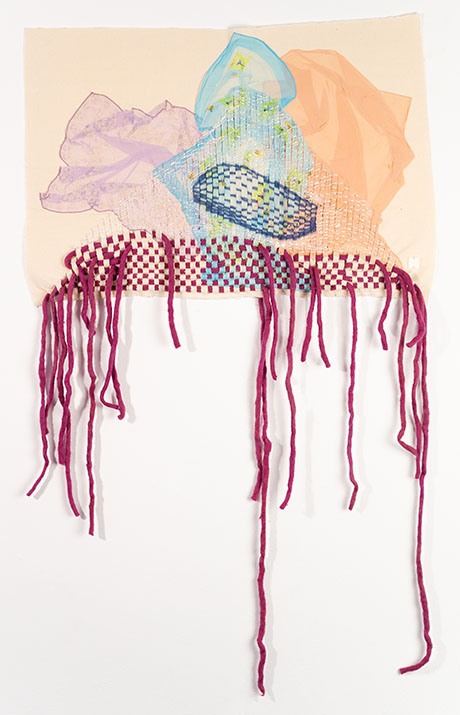Abstract textile art featuring layered translucent shapes, woven patterns, and hanging fringe made of colorful yarn.