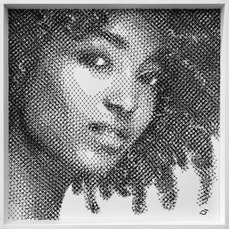 Abstract artwork featuring a central square portrait created by intricate black patterns of lines, framed in white.