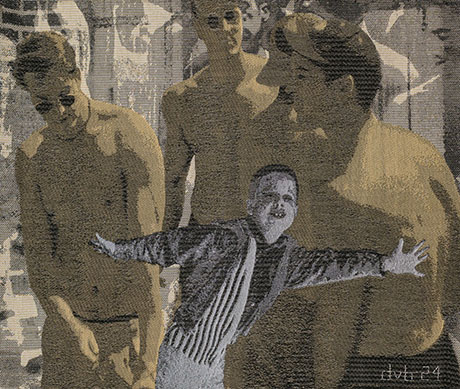 A group of shirtless men in a vintage-style image, with one man in striped clothing playfully gesturing in front of the others.