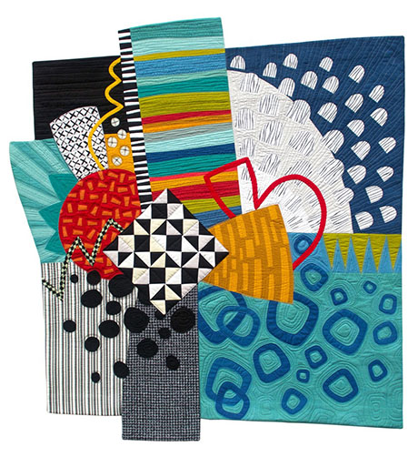 Colorful abstract quilt featuring various geometric shapes and bold patterns, showcasing vibrant reds, blues, and yellows against a textured background. Colorful abstract quilt featuring various geometric shapes and bold patterns, showcasing vibrant reds, blues, and yellows against a textured background.