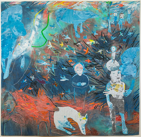 A vibrant collage of abstract figures, animals, and expressive colors depicting a whimsical, dreamlike scene filled with movement.