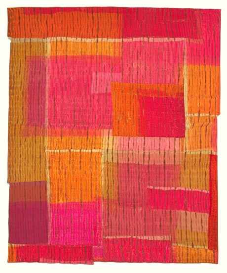 Vibrant abstract textile artwork featuring a patchwork of pink, orange, and red hues in varying textures and patterns. Vibrant abstract textile artwork featuring a patchwork of pink, orange, and red hues in varying textures and patterns.