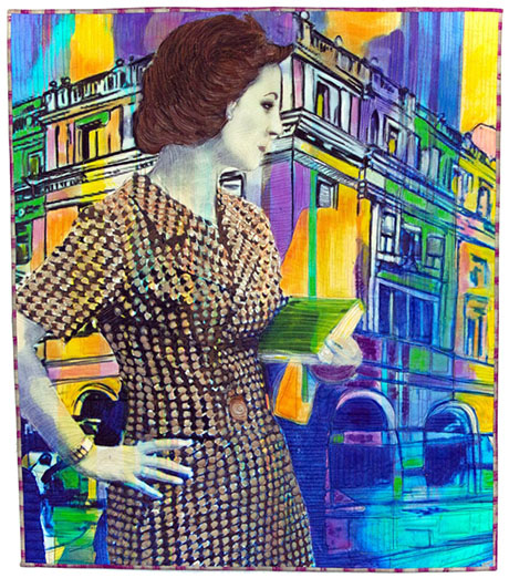 A stylized woman in a patterned brown dress holds a green book, set against a vibrant, colorful cityscape background.
