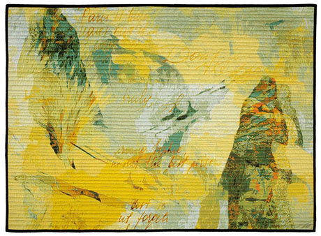 Abstract textile art featuring layered textures in yellow and green, overlaid with handwritten text in a poetic style. Abstract textile art featuring layered textures in yellow and green, overlaid with handwritten text in a poetic style.