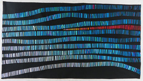 A vibrant quilt featuring horizontal stripes of blue, purple, and red on a black background, creating a dynamic wave pattern. A vibrant quilt featuring horizontal stripes of blue, purple, and red on a black background, creating a dynamic wave pattern.