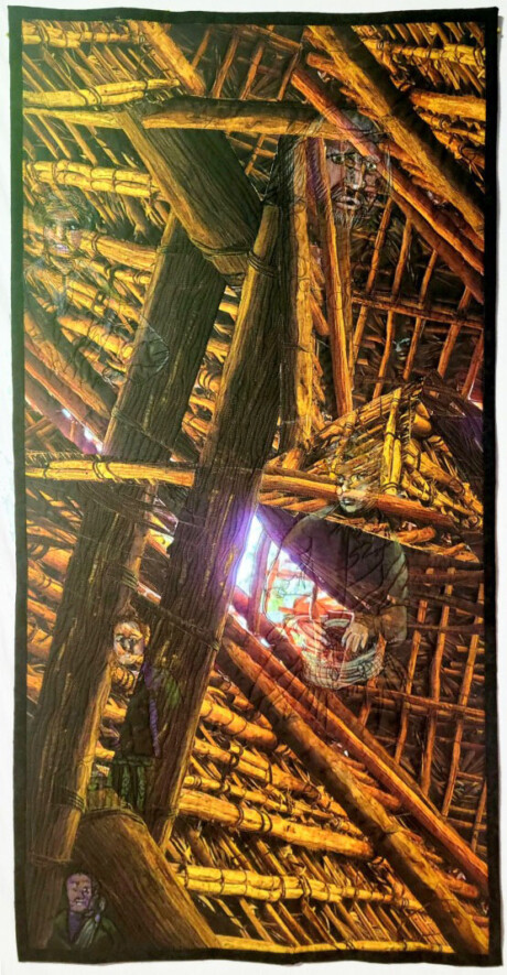 A detailed view of a wooden structure’s ceiling, showcasing beams and natural light filtering through a rustic environment. A detailed view of a wooden structure’s ceiling, showcasing beams and natural light filtering through a rustic environment.