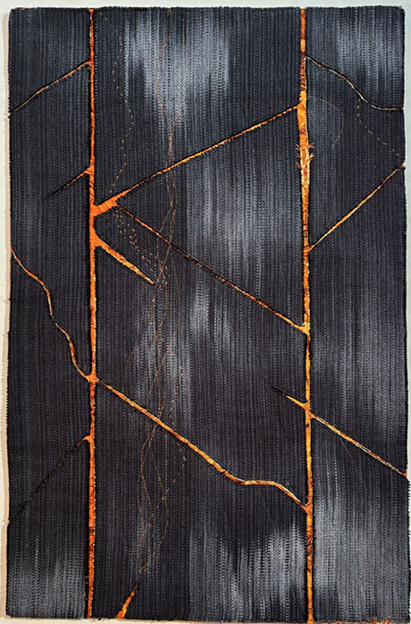 Abstract textile artwork featuring a dark gray background with bold, vibrant orange seams creating a dynamic, branching design. Abstract textile artwork featuring a dark gray background with bold, vibrant orange seams creating a dynamic, branching design.