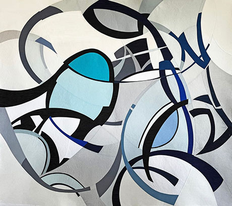 Abstract textile artwork featuring swirling shapes in shades of blue, gray, and black, creating a dynamic, layered composition. Abstract textile artwork featuring swirling shapes in shades of blue, gray, and black, creating a dynamic, layered composition.