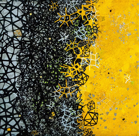 Abstract artwork featuring a gradient of black, gray, and vibrant yellow, with intricate geometric patterns and textures.
