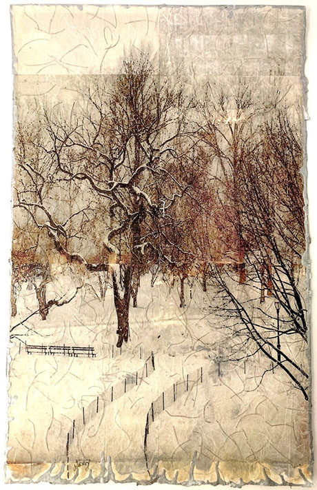 A serene winter landscape featuring snow-covered trees, a winding path, and a faintly visible fence under soft, muted light. A serene winter landscape featuring snow-covered trees, a winding path, and a faintly visible fence under soft, muted light.