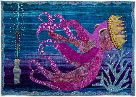 A vibrant quilt depicting a regal octopus wearing a crown, with flowing tentacles, surrounded by underwater scenery and a hanging figure.