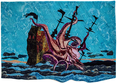 A vibrant quilt depicting an octopus attacking a ship amid turbulent waves, with dark slanting lines in a blue sky.