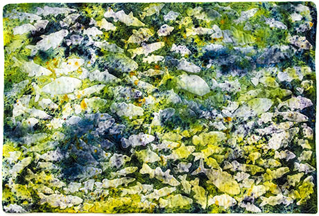 Abstract artwork resembling a vibrant underwater scene, featuring swirling greens, blues, and hints of fish shapes against a textured background.