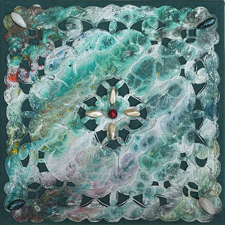 Abstract art features a textured, square pattern with swirling green and white colors. Central elements comprise a red bead surrounded by pearl-like shapes, creating a calm, organic feel.