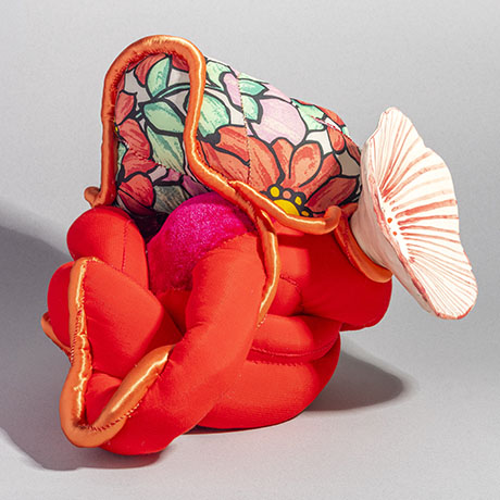 A soft, abstract sculpture features vibrant red, floral patterns and a pink, coral-like element, conveying a playful and imaginative tone.