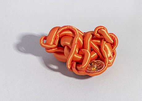 A sculpted figure resembling orange intestines with a textured surface, resting on a neutral background. It evokes curiosity and a surreal, artistic vibe.