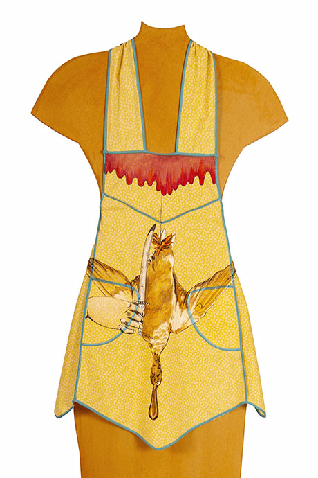 Illustration of a headless mannequin wearing a yellow apron with a blue outline. The apron features a dead bird held by two hands and dripping red liquid at the top.