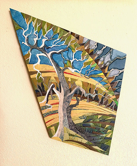 Abstract polygon artwork of a tree with white and gray branches set against a vibrant landscape of blue sky and layered fields in greens, yellows, and reds.