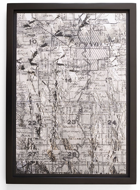 Framed mixed media artwork combining a vintage hand-drawn map with overlaid semi-transparent photographic textures of branches.