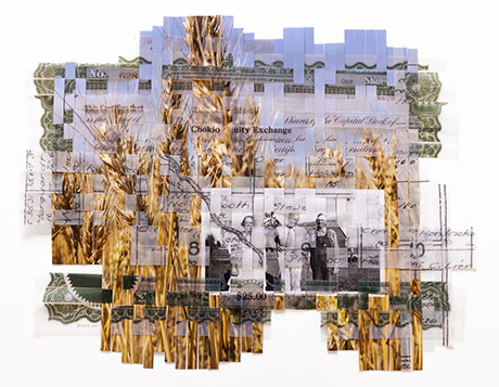 A collage by Jill Holslin of overlapping images featuring golden wheat stalks, vintage monetary notes, and black-and-white photos of farmers, creating an agricultural and financial theme.