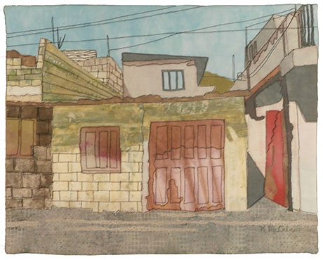 Watercolor-like textile image by Kathleen McCabe of a small, weathered building with wooden doors, a window, and houses on a hill in the background under a clear sky.