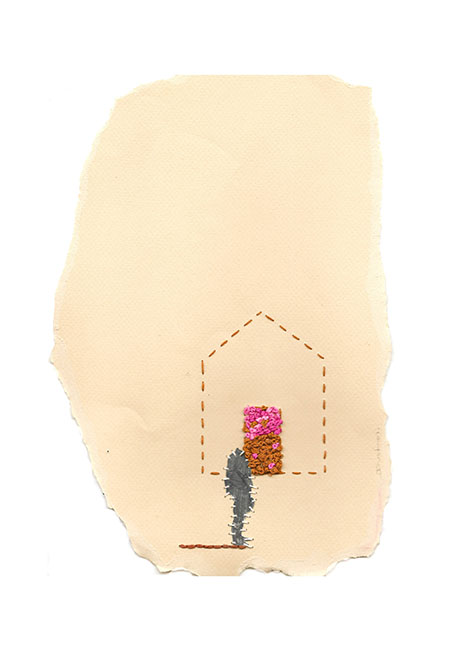Textured paper art with a dashed-line house outline, a multicolored door, and a small, gray partial human figure in front, conveying simplicity and warmth. Textured paper art with a dashed-line house outline, a multicolored door, and a small, gray partial human figure in front, conveying simplicity and warmth.