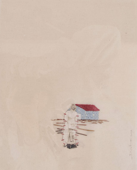 A framed minimalist artwork shows a small house with a red roof and a figure in the foreground. The background is a soft cream color, creating a serene, tranquil mood. A framed minimalist artwork shows a small house with a red roof and a figure in the foreground. The background is a soft cream color, creating a serene, tranquil mood.