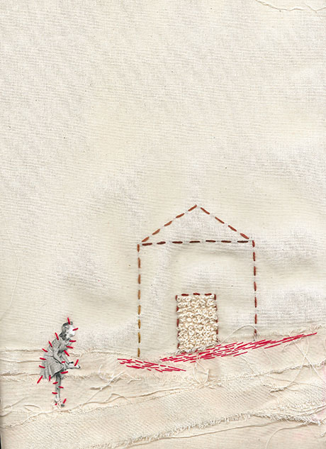 Embroidery art on fabric depicting a simple house outline with red and brown stitches. A small grey and red stitched figure stands on textured ground. Embroidery art on fabric depicting a simple house outline with red and brown stitches. A small grey and red stitched figure stands on textured ground.