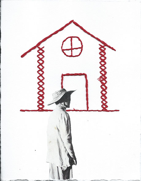 A black and white photo of a man in a hat and suit, standing in front of a simple red embroidered house on white fabric. A black and white photo of a man in a hat and suit, standing in front of a simple red embroidered house on white fabric.