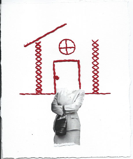 Collage of a headless person in a suit with a red embroidered house outline above on white paper. Collage of a headless person in a suit with a red embroidered house outline above on white paper.