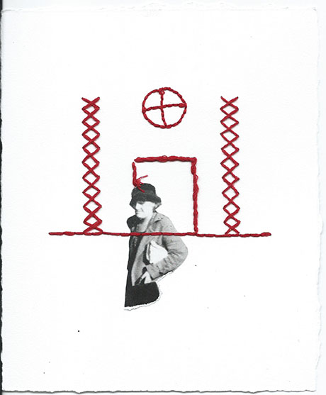Black-and-white photo of a person combined with red thread forming a simple house outline and window on white background. Black-and-white photo of a person combined with red thread forming a simple house outline and window on white background.