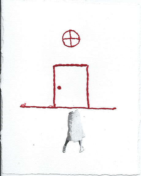 A minimalist artwork features a red, thread-like outline of a door and circle window above it. Below, a cutout of figure legs conveys an abstract, surreal tone. A minimalist artwork features a red, thread-like outline of a door and circle window above it. Below, a cutout of figure legs conveys an abstract, surreal tone.