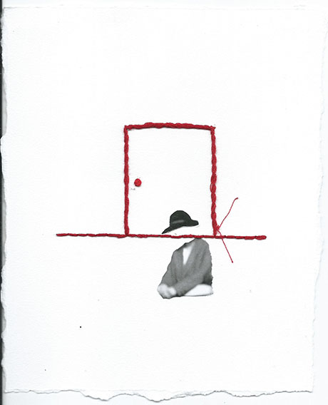 Collage depicts a black-and-white figure in a suit and bowler hat, partially obscured by a red thread outlining a door, creating a mysterious tone. Collage depicts a black-and-white figure in a suit and bowler hat, partially obscured by a red thread outlining a door, creating a mysterious tone.