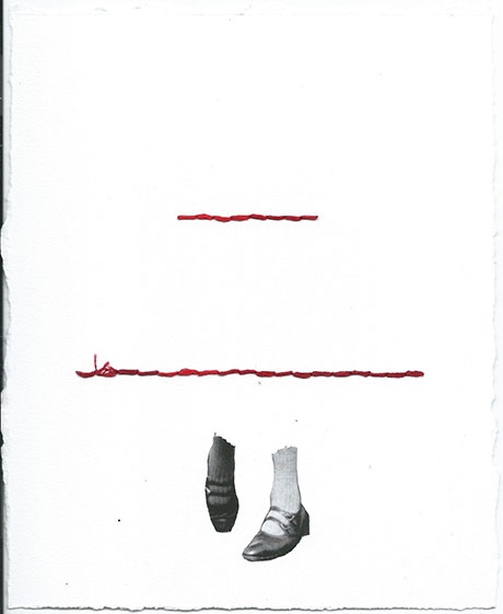 Minimalist artwork showing two diagonal red lines and a pair of black-and-white shoes with socks against a white background, conveying simplicity and contrast. Minimalist artwork showing two diagonal red lines and a pair of black-and-white shoes with socks against a white background, conveying simplicity and contrast.