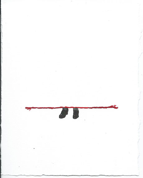 A red thread stretches horizontally across a white background with two small black shoes hanging below it. The image conveys simplicity and intrigue. A red thread stretches horizontally across a white background with two small black shoes hanging below it. The image conveys simplicity and intrigue.