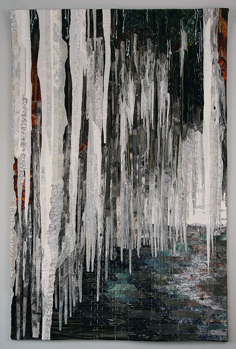 Abstract artwork featuring long, vertical icicle-like white shapes against a dark, textured background with hints of brown and green. Abstract artwork featuring long, vertical icicle-like white shapes against a dark, textured background with hints of brown and green.