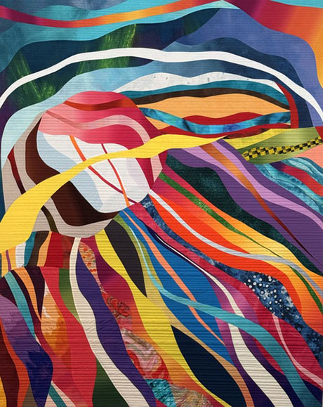 Abstract artwork with flowing, multicolored stripes and swirling patterns creating a dynamic, vibrant composition. Abstract artwork with flowing, multicolored stripes and swirling patterns creating a dynamic, vibrant composition.