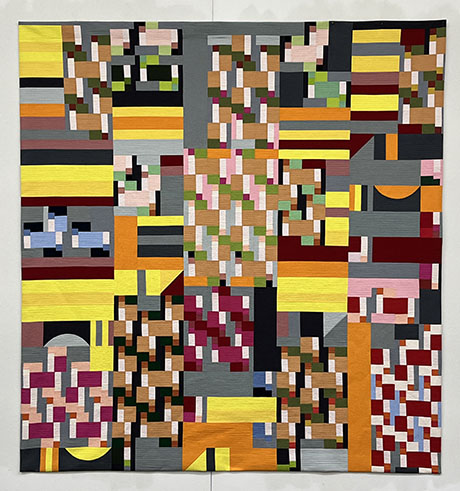 Abstract geometric artwork with multicolored rectangular and square blocks in shades of yellow, orange, pink, black, green, and gray. Abstract geometric artwork with multicolored rectangular and square blocks in shades of yellow, orange, pink, black, green, and gray.