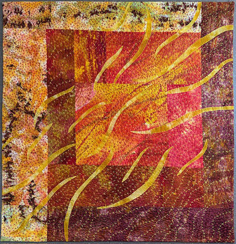 Abstract textile art featuring layered warm tones of yellow, orange, red, and brown with flowing yellow curved lines. Abstract textile art featuring layered warm tones of yellow, orange, red, and brown with flowing yellow curved lines.