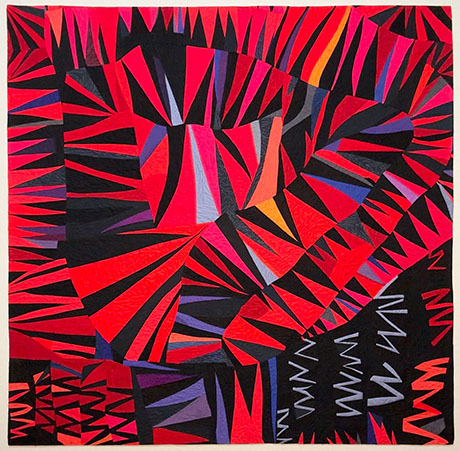 Abstract geometric pattern with sharp, angular shapes in vibrant red, black, purple, and orange colors. Abstract geometric pattern with sharp, angular shapes in vibrant red, black, purple, and orange colors.