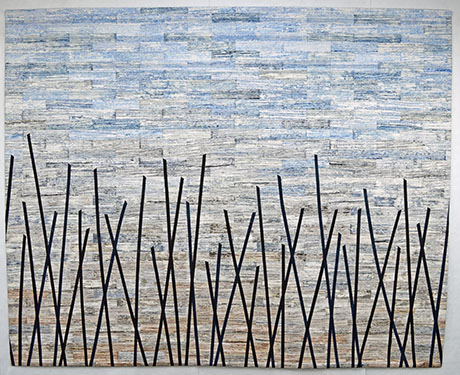 Abstract artwork features vertical black lines resembling reeds against a textured background of horizontal blue and gray stripes, evoking a calm, natural scene. Abstract artwork features vertical black lines resembling reeds against a textured background of horizontal blue and gray stripes, evoking a calm, natural scene.