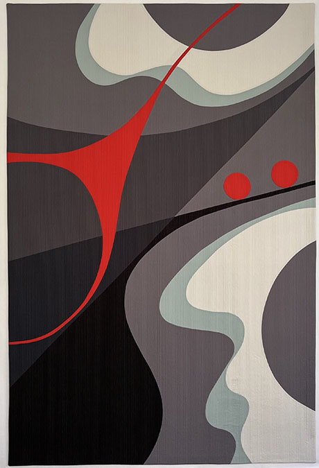 Abstract geometric design in black, gray, and white with bold red shapes and two red circles on a textured background. Abstract geometric design in black, gray, and white with bold red shapes and two red circles on a textured background.