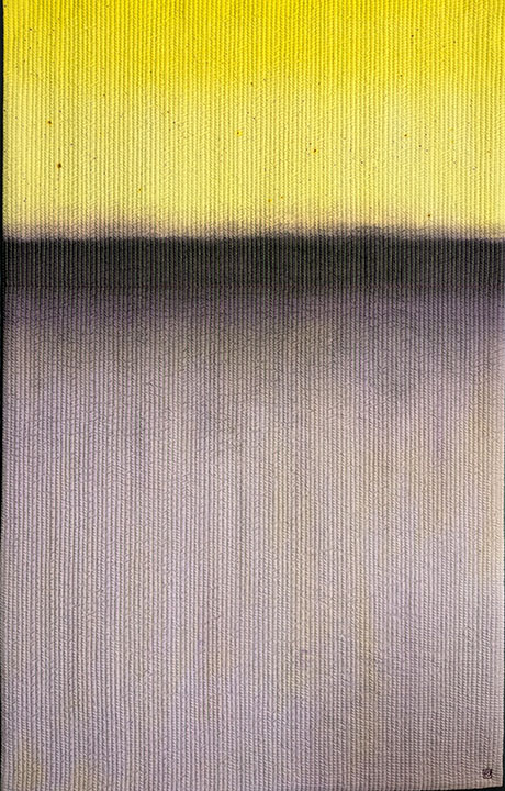 Abstract painting with horizontal bands of yellow, black, and lavender on lightly textured canvas. Abstract painting with horizontal bands of yellow, black, and lavender on lightly textured canvas.